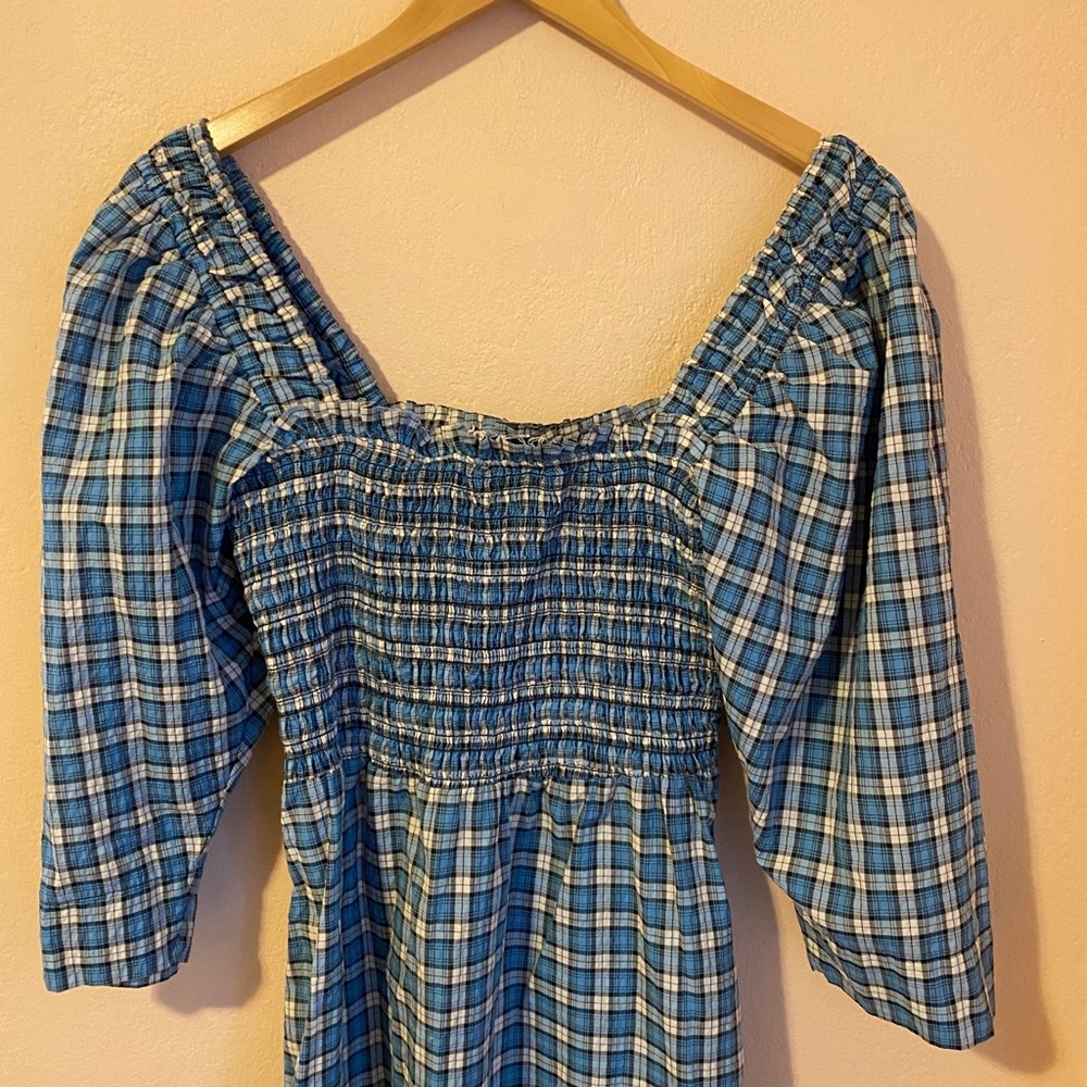 GANNI Seersucker Check Smock Midi Dress - Azure Blue size 8 - Picture 9 of 14